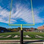 American football field goalposts seen close up against the sky