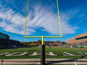American football field goalposts seen close up against the sky